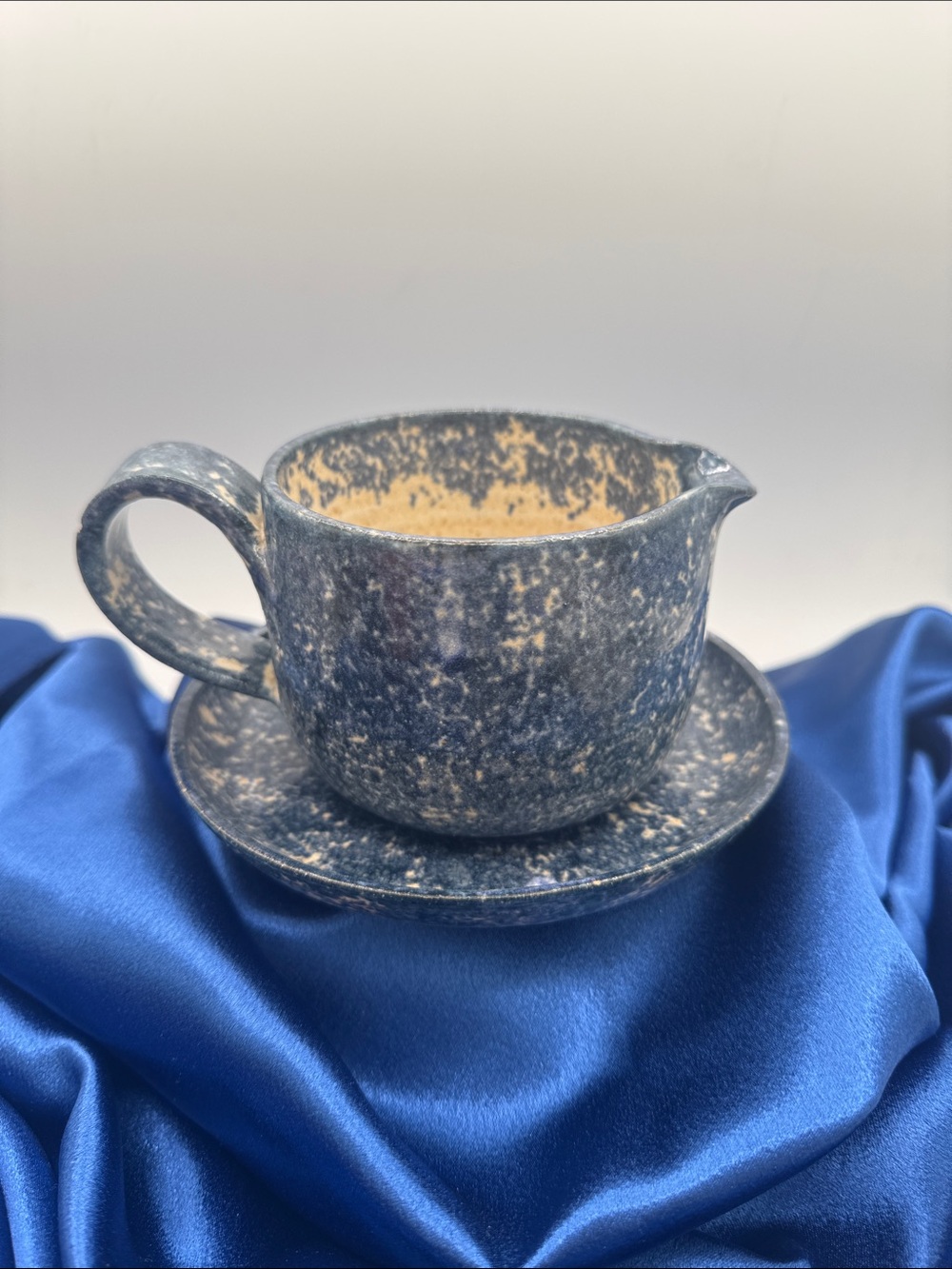 Depot Creek Pottery Sponge-wear Blue Speckled Ceramic Pitcher with Saucer -
